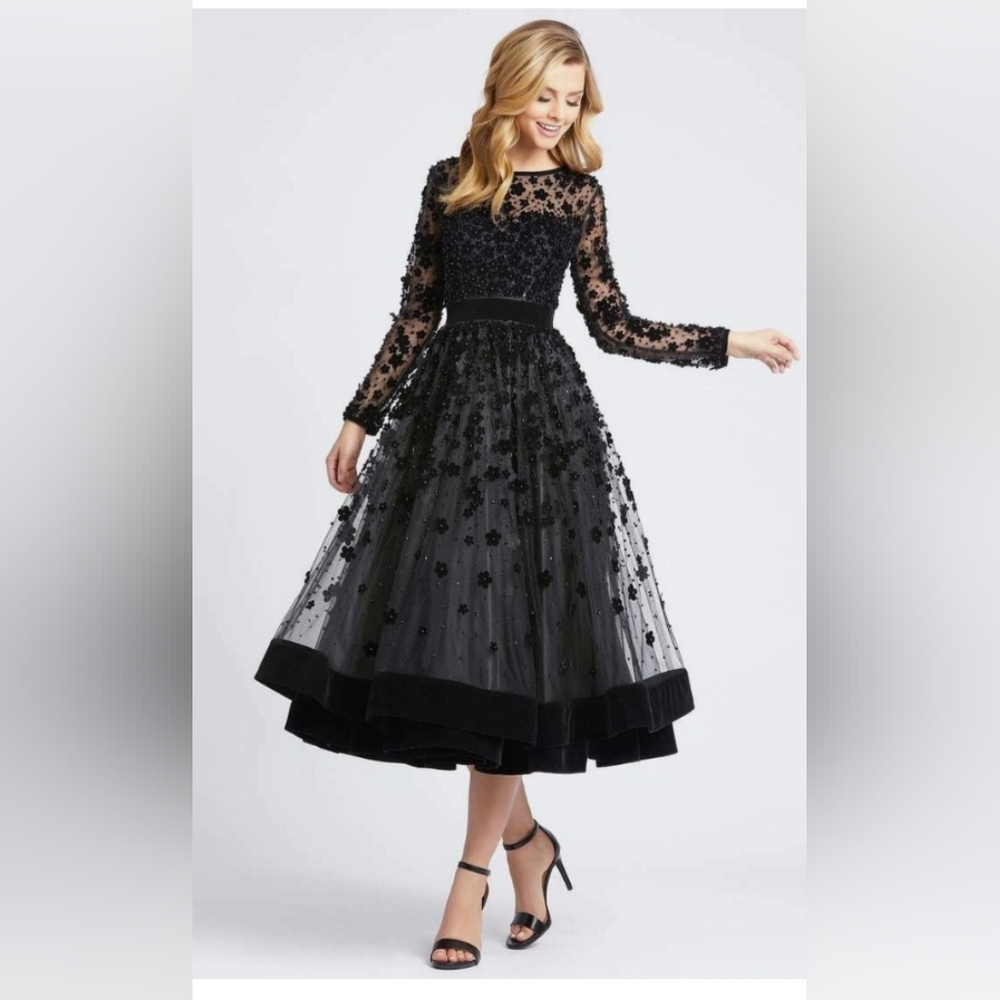 Mac Duggal Embelished Illusion 3D Floral Mesh/Velvet Black Dress